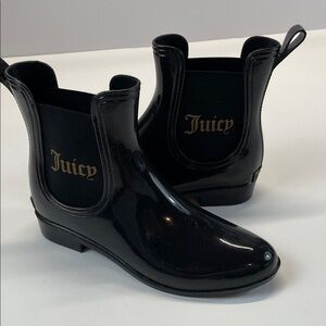 Juicy Couture Black Glitter Chelsea Rain Boots Logo Pull On Women’s Sz 7